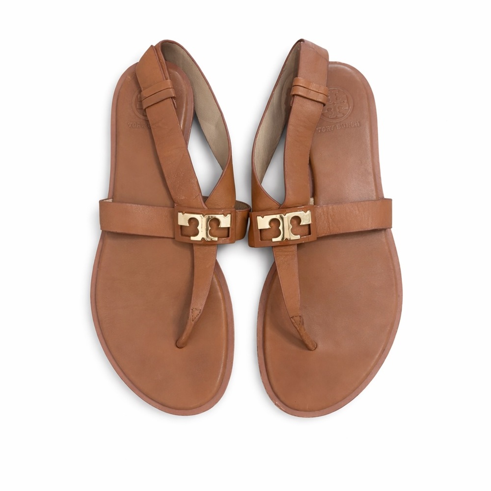Tory Burch Gigi Thong Sandals Tan Leather Gold Logo Size 6.5 MSRP $225